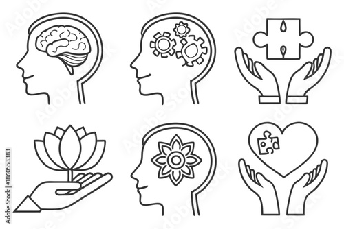 Vector illustration set of human head icons featuring conceptual symbols like a brain, light bulb idea, gear, and heart for creative design
