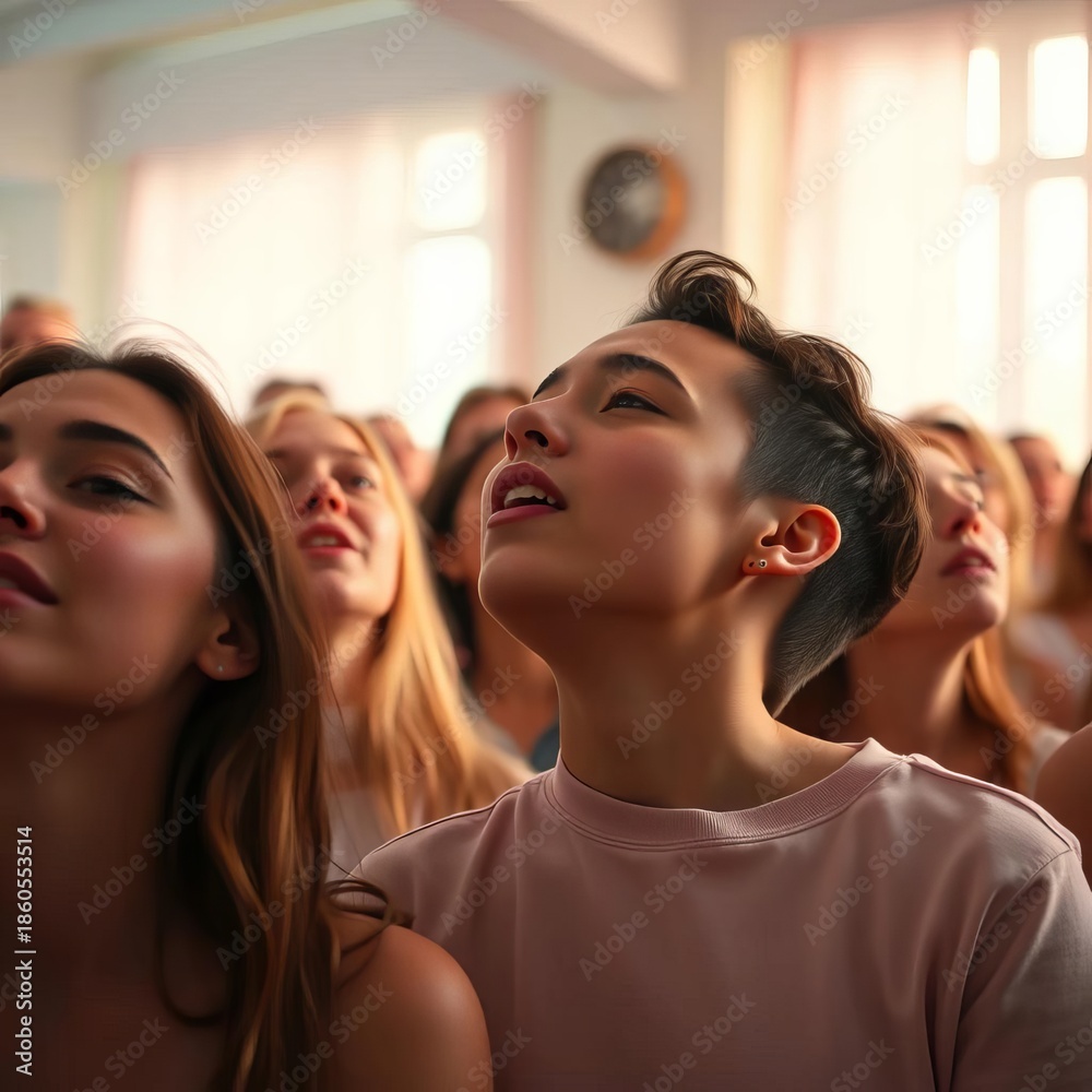 Fototapeta premium A sea of faces lost in song, bathed in soft pastel light, a moment suspended in reverie, emotional resonance, pastel hues