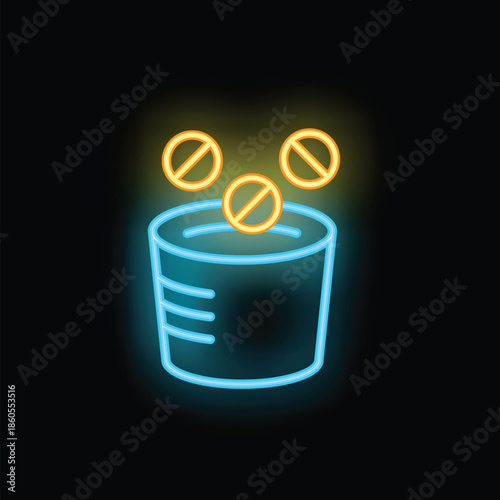 Neon icon of pills falling into a measuring cup representing the measurement of drug dosages