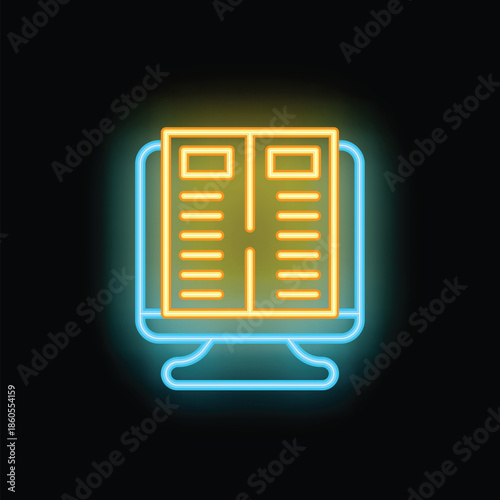 Neon sign illuminating a computer displaying a digital book, representing the concept of e learning and online education