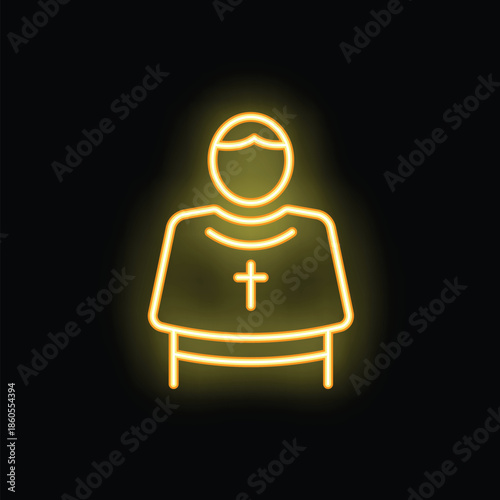 Bright yellow neon icon depicting a priest wearing a cassock with a cross, set against a dark background