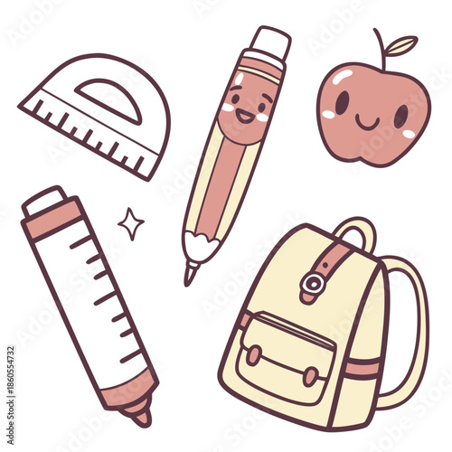 Back to school vector illustration set featuring cartoon drawing tools and medical equipment objects like a pen or medicine bottle design sketch