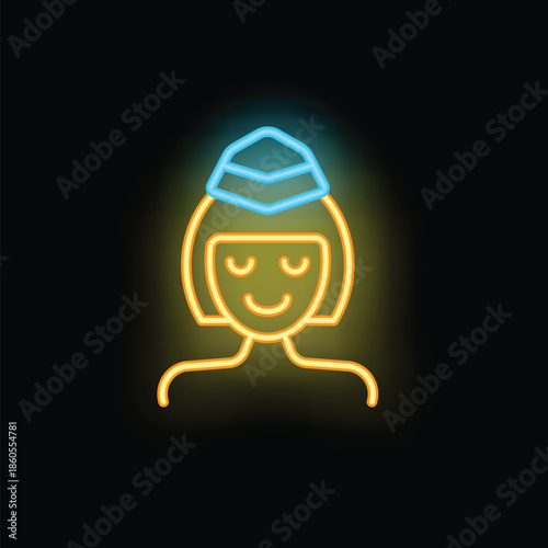 Yellow neon icon of a smiling stewardess wearing a hat on a black background