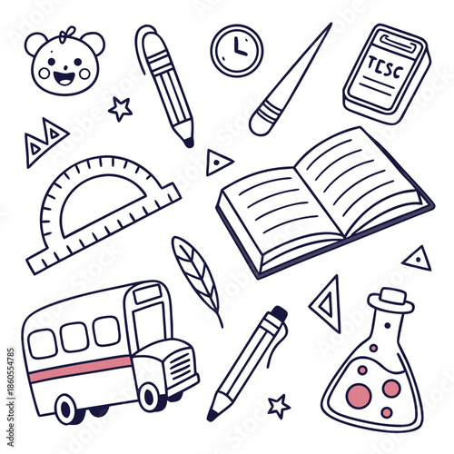 A clean vector illustration showing a collection of school and medical doodle icons with pencils pens tools and health symbols in a seamless design
