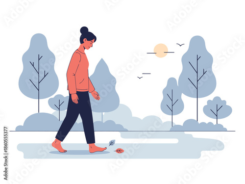 Solo Woman Walking Barefoot Through Park Scenery with Trees and Foliage