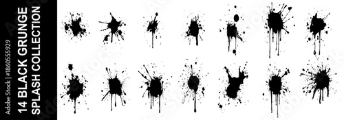 Set of ink splashes, paint brush strokes and blots of different shapes. Vector grunge texture art watercolor design isolated on transparent background.
