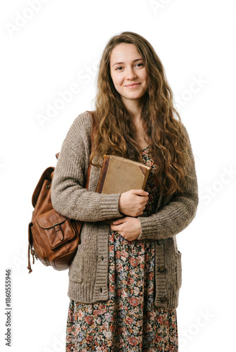 Woman with long curly hair stands holding a book and wearing a bag while smiling.