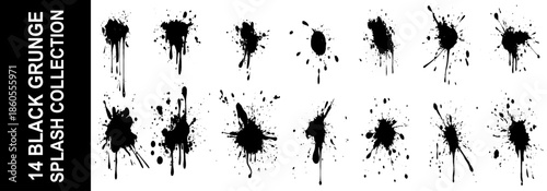 Ink drops and splashes. Artistic dirty grunge abstract spot vector set. Illustration monochrome drip splash