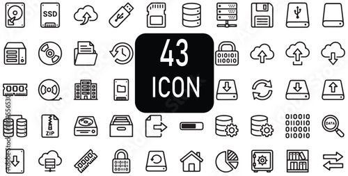 Collection of technology and computing icons in black and white line art style