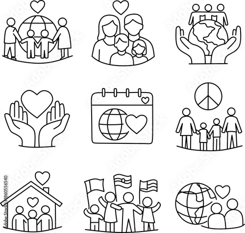 ​Global family day icon set. Outline symbol collection for international holiday