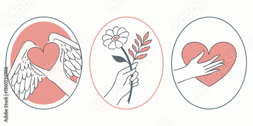 Collection of minimalist illustrations depicting love and care through hearts and flowers in circular frames
