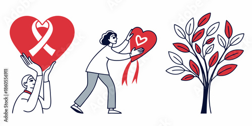 People holding hearts with awareness ribbon symbolizing love and support for a social cause or charity