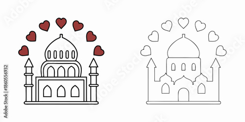Mosque illustration with hearts and minarets symbolizing love and spirituality in islamic architecture and culture with simple yet meaningful design elements