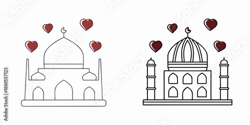 Mosque illustrations with hearts symbolizing love and devotion in islamic architecture and design concept with minimalist outlines