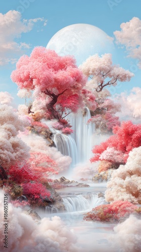 Sakura Paradise: A surreal digital painting showcasing a fantastical landscape of cascading waterfalls and flowering cherry blossom trees set against a dreamy sky, offering a serene escape.