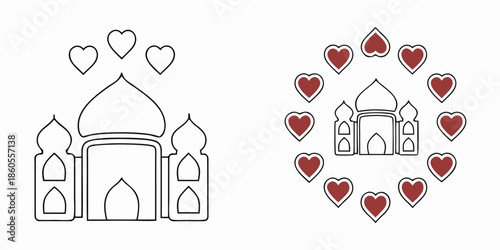 Iconic silhouette of a romanticized mausoleum structure surrounded by a floating circular arrangement of lovely hearts representing devotion and adoration