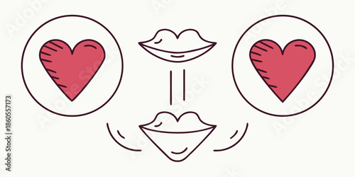 Romantic illustration of lips sharing love between two hearts in a symbolic gesture of affection and relationship