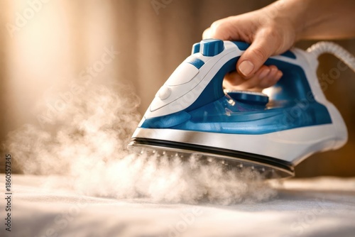 A person is holding a steam iron and the steam is coming out of it