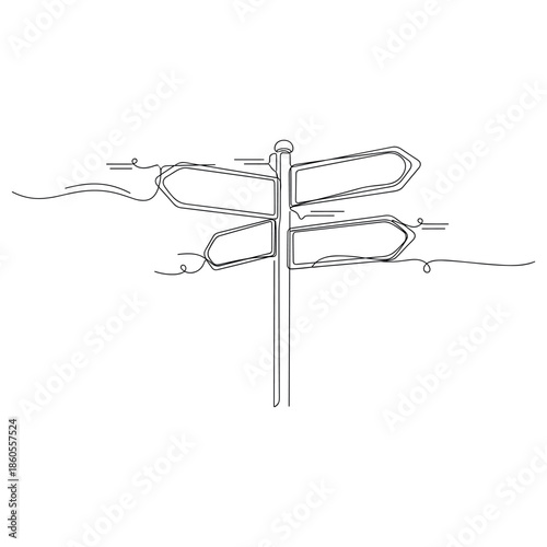 Minimalist line drawing of directional signpost with multiple arrows, no editable stroke