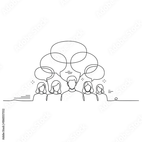 Line art: people engaged in discussion with speech bubbles, no editable stroke