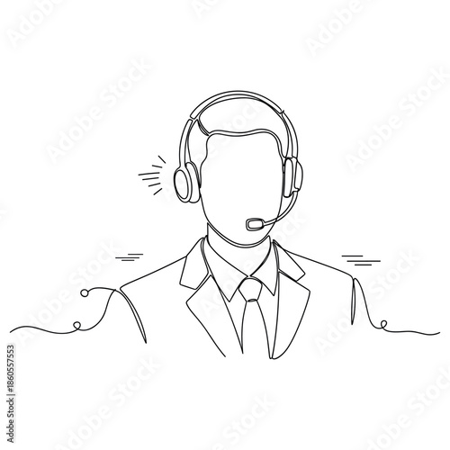 Male call center operator with headset in continuous line art style, no editable stroke
