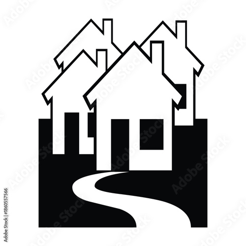 Black and white graphic illustration depicting a cluster of three suburban houses with simple silhouettes standing atop a dark ground featuring a winding white pathway leading towards the homes