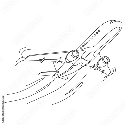 Outline drawing of passenger airplane taking off, no editable stroke