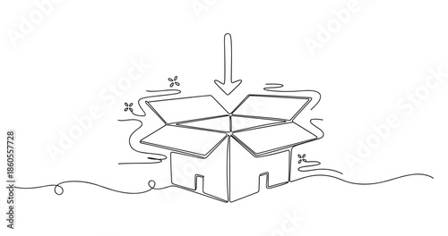 Open cardboard box with arrow line art illustration, no editable stroke