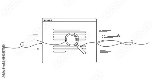 Magnifying glass examining webpage illustration with flowchart elements, no editable stroke