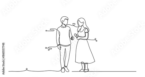 Line art illustration of young caucasian couple embracing with heart elements, no editable stroke