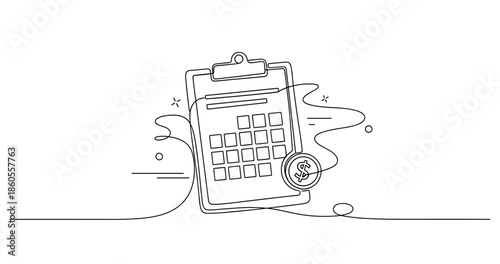 Abstract line art of calendar with dollar symbol representing financial planning, no editable stroke