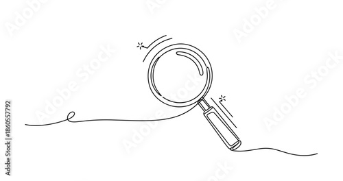 Minimalist magnifying glass illustration with continuous line art, no editable stroke
