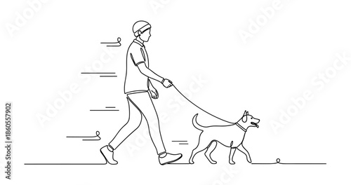 Line art of young caucasian male walking dog, no editable stroke