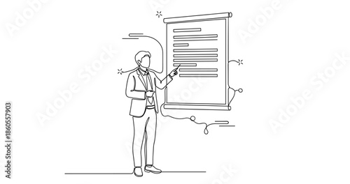 Asian male adult giving presentation with projector screen in office setting, no editable stroke