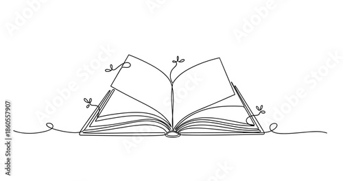 Minimalist line art of an open book with leaves, no editable stroke