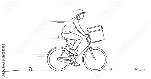Line art of male bicycle courier delivering package with speed and efficiency, no editable stroke