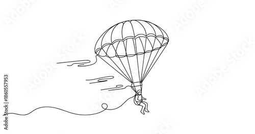 Line art of person paragliding with flowing design elements, no editable stroke