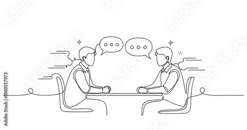 Two young adults engaged in a discussion at a table with speech bubbles, no editable stroke