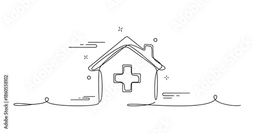 Minimalist one-line drawing of medical house with cross symbol in black and white, no editable stroke