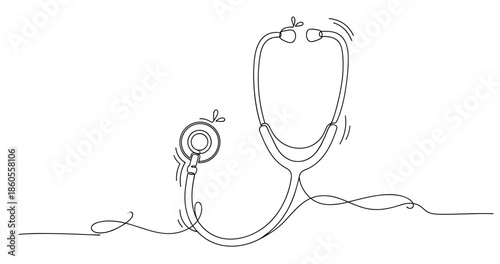 Illustrated stethoscope with anthropomorphic features in minimalist black and white design, no editable stroke