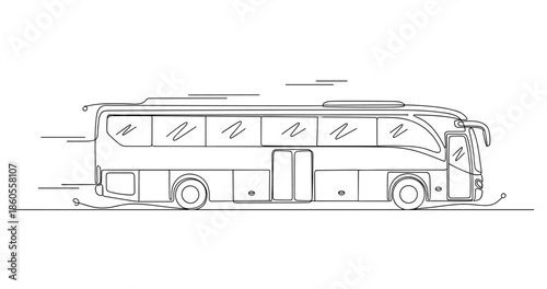 Continuous line drawing of a modern passenger bus in motion, no editable stroke