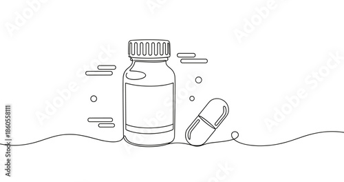 Minimalist line art: medicine bottle and pill on white background, no editable stroke