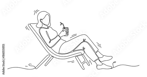Relaxing female enjoying a beverage on a lounge chair, no editable stroke