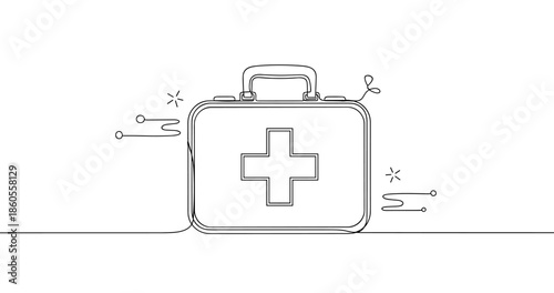Minimalist first aid kit with medical symbol in continuous line art style, no editable stroke