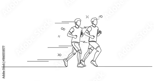 Two young caucasian males running side by side in minimalistic line art style, no editable stroke