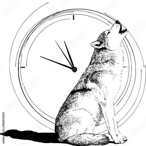Illustration of a howling wolf sitting in front of a clock with hands indicating the time in black and white