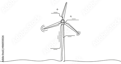 Minimalist line art of wind turbine on simple landscape, no editable stroke