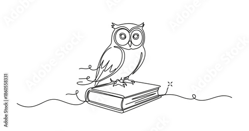 Owl perched on book with feathered quill line art illustration, no editable stroke