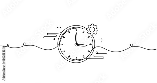Minimalist continuous line drawing of clock with gear elements, no editable stroke