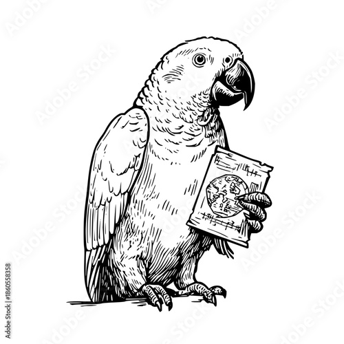 Illustration of a parrot holding a passport with a world map on the cover in black and white style